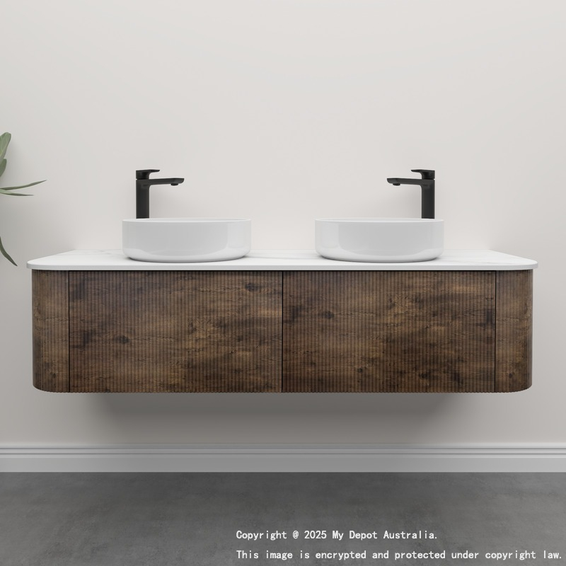 Kiama 1500mm Dark Oak 2 Drawers Curved Wall Hung Fluted Bathroom Vanity