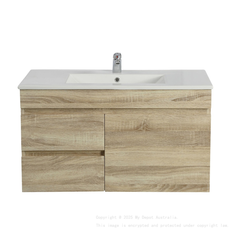 750mm Narrow White Oak MDF Bathroom Vanity Left Drawers Wall Hung Cabinet Only