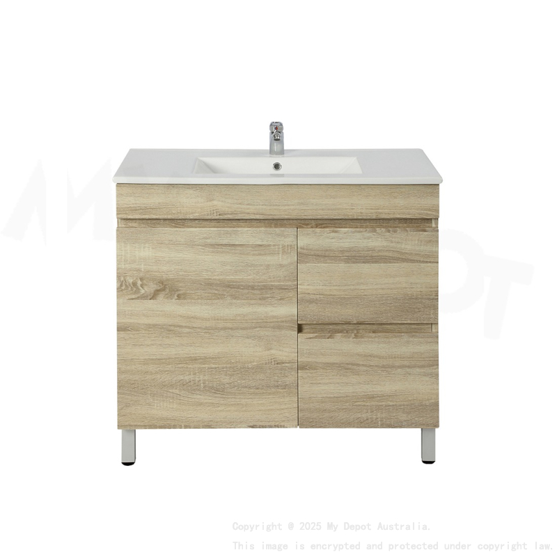 750mm Narrow White Oak MDF Bathroom Vanity Right Drawers Free Standing Cabinet Only