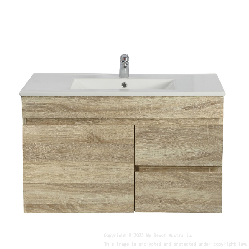 750mm Narrow White Oak MDF Bathroom Vanity Right Drawers Wall Hung Cabinet Only