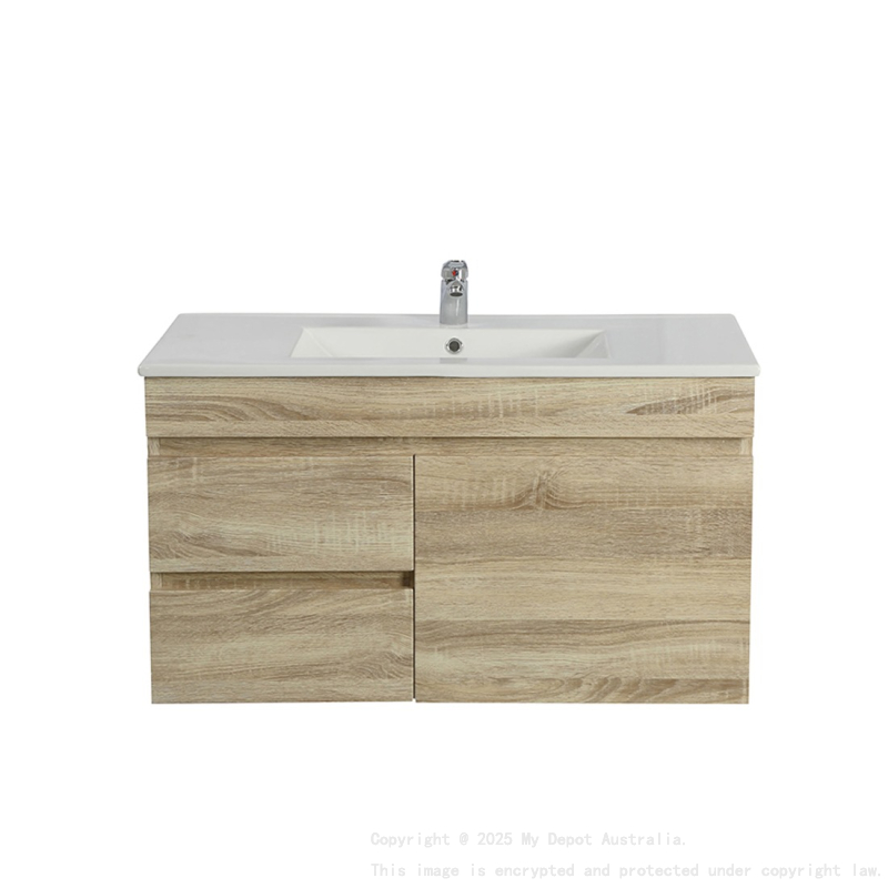 900mm White Oak MDF Bathroom Vanity Left Drawers Wall Hung Cabinet Only