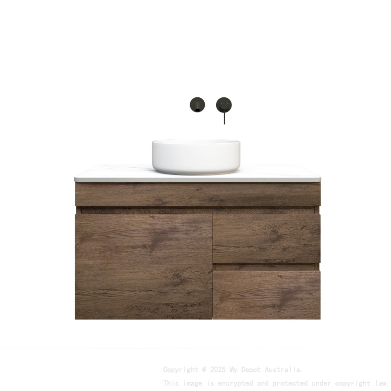 900mm Dark Oak MDF Wall Hung Bathroom Floating Vanity Right Drawers Cabinet Only