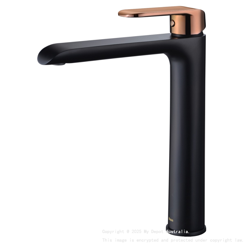 Kara High Rise Basin Mixer Black & Rose Gold Handle
