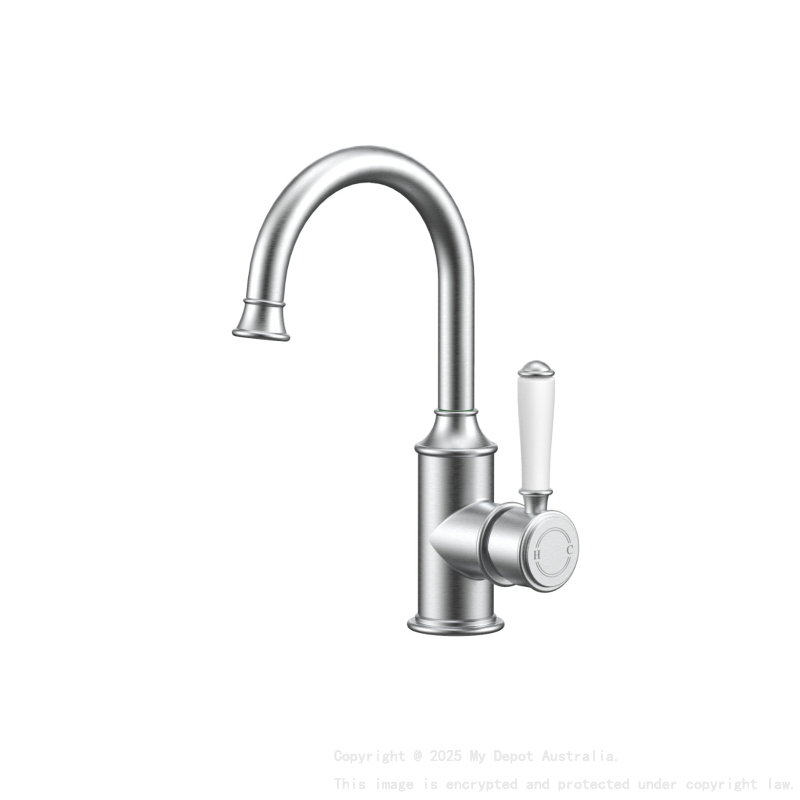 Clasico Gooseneck Basin Mixer Ceramic handle in Brushed Nickel