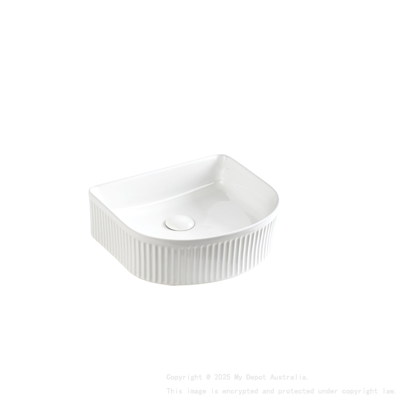 400*350*130mm Gloss White Arco Flueted Fine Ceramic Above Counter Basin No Overflow 32mm Waste