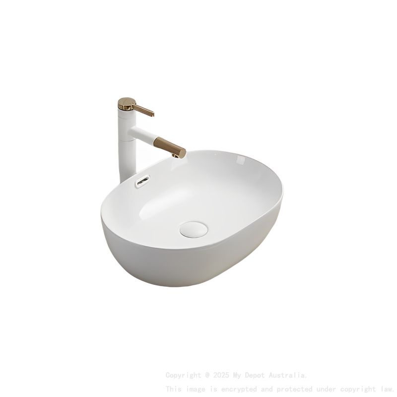 610*420*155mm Gloss White Ellips Fine Ceramic Above Counter Basins Overflow 32mm Waste