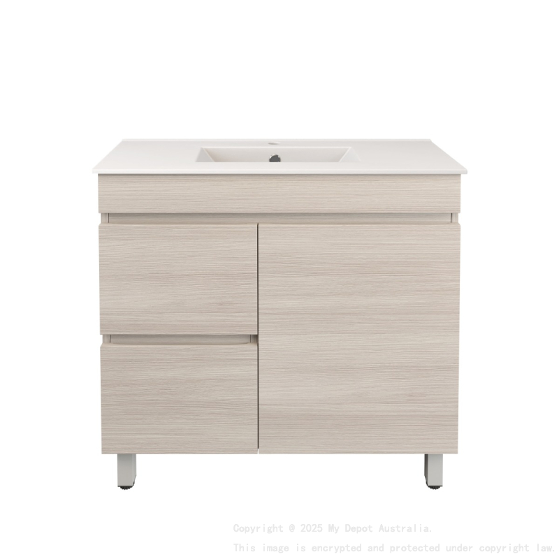 890X355X710mm Camden Modern Free Standing Cabinet Coastal Oak Soft Closing Finger Pull Door Left Hand Drawers