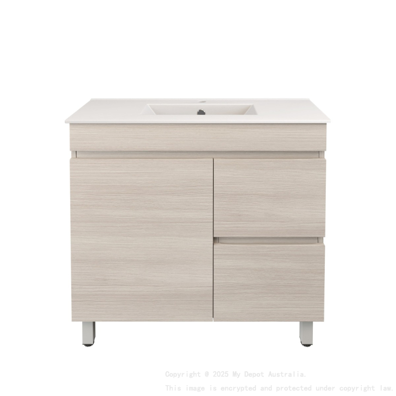 890X355X710mm Camden Modern Free Standing Cabinet Coastal Oak Soft Closing Finger Pull Door Right Hand Drawers