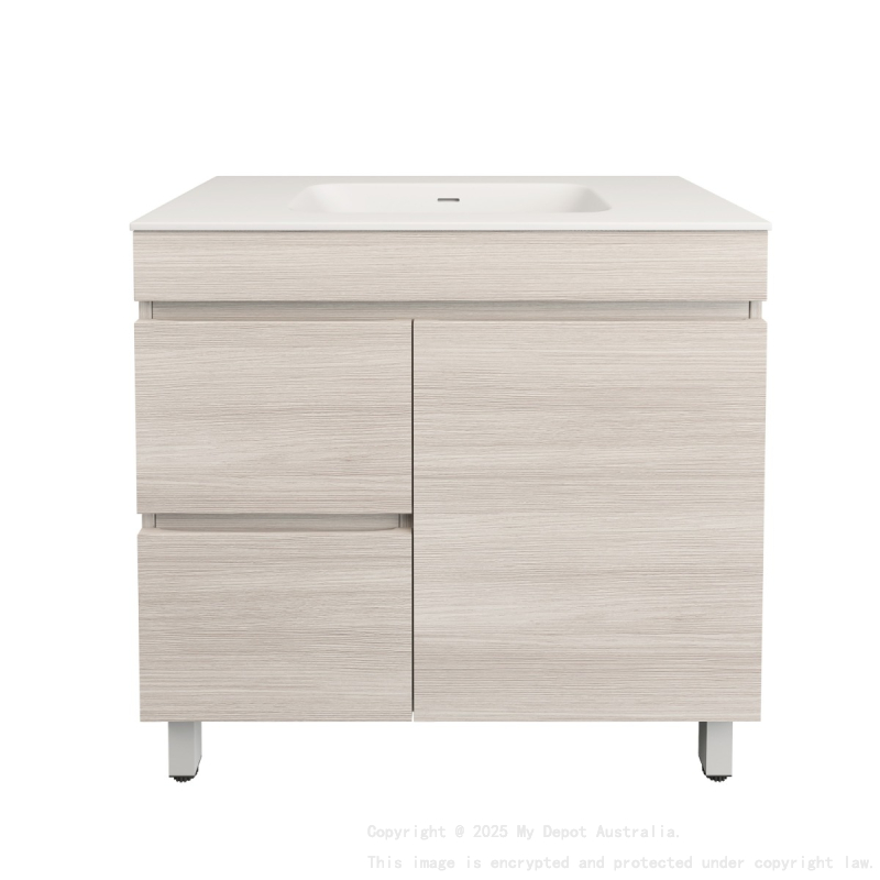 890X455X710mm Camden Modern Free Standing Cabinet Coastal Oak Soft Closing Finger Pull Door Left Hand Drawers