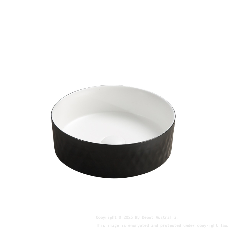 360*360*120mm Matte Black Outside Matt White Inside Ollia Diamond Fine Ceramic Above Counter Basin No Overflow 32mm Waste