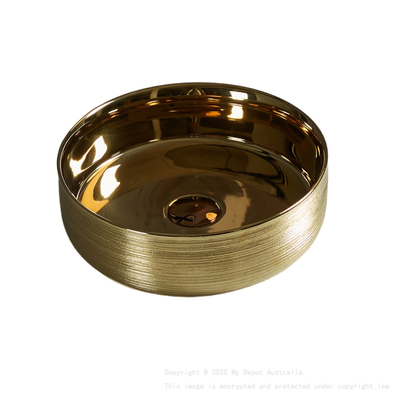 345*345*115mm Silky Gold Outside Yellow Gold Ollia Fine Ceramic Above Counter Basin No Overflow 32mm Waste