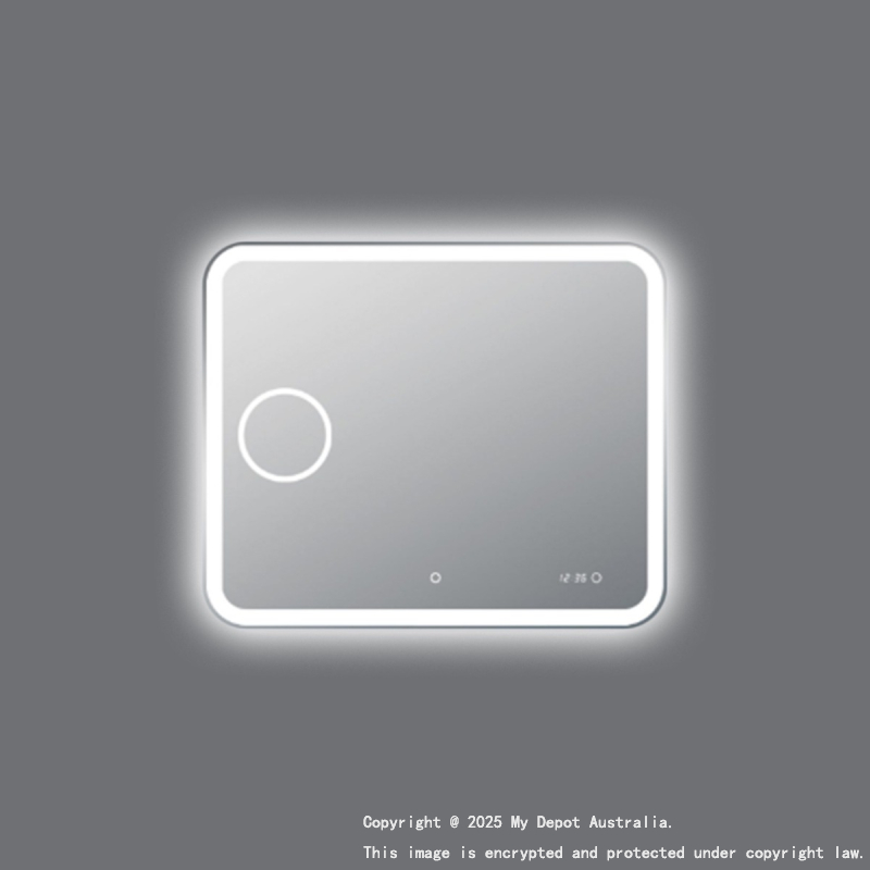 900*750mm Curved Rim Rectangle 3 Color Lighting Backlit Acrylic LED Mirror Magnifier Touch Sensor Switch Defogger Pad Wall Mounted Digital Clock with Temperature