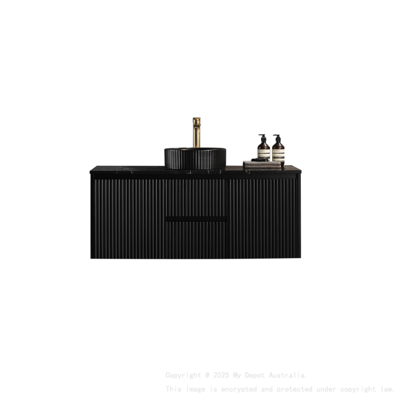 1190X455X480mm Matte Black Crete Modern Fluted Wall Hung Vanity PVC Cabinet Center Drawer