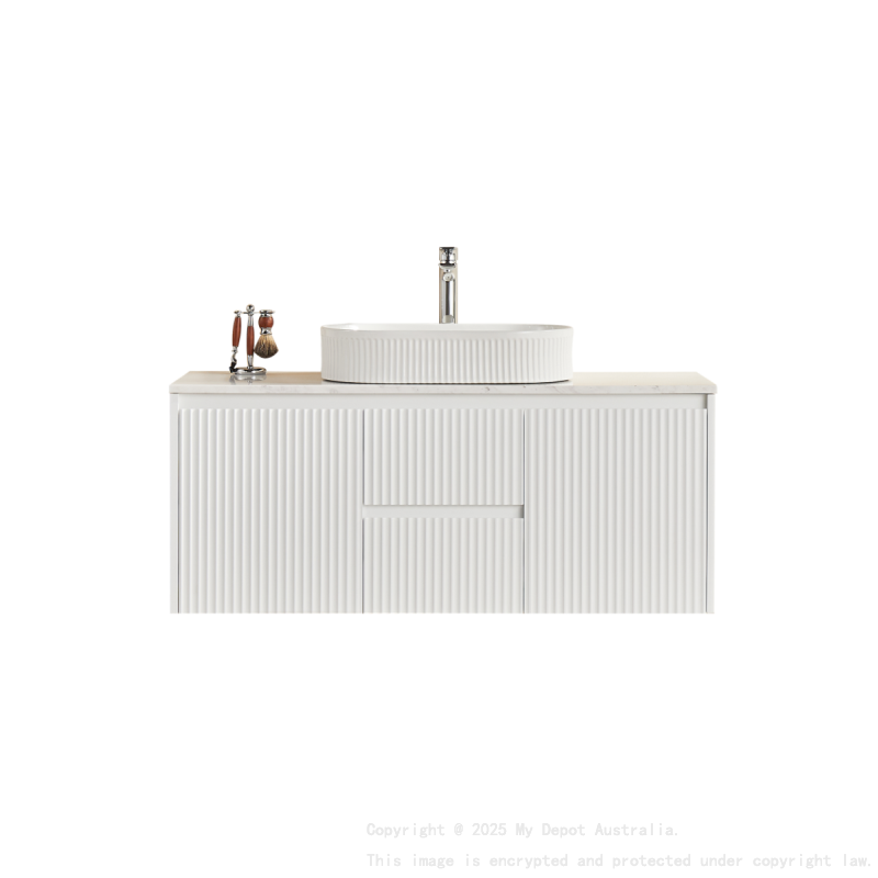 1190X455X480mm Matte White Crete Modern Fluted Wall Hung Vanity PVC Cabinet Center Drawer