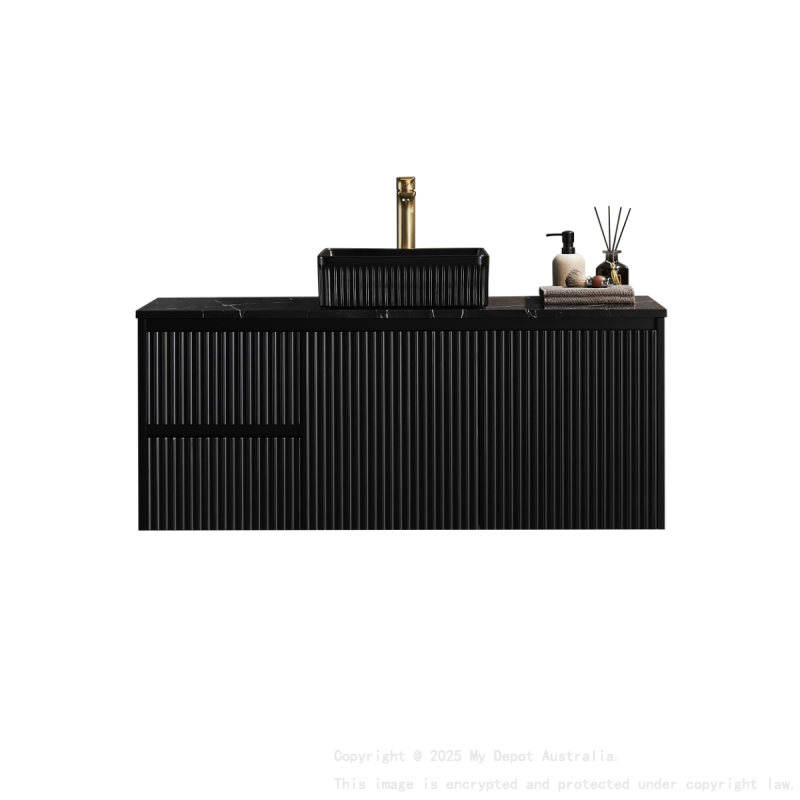 890x455x480mm Matte Black Crete Modern Fluted Wall Hung Vanity PVC Cabinet Left Hand Drawers