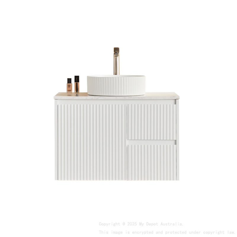 740x455x480mm Matte White Crete Modern Fluted Wall Hung Vanity PVC Cabinet Right Hand Drawers