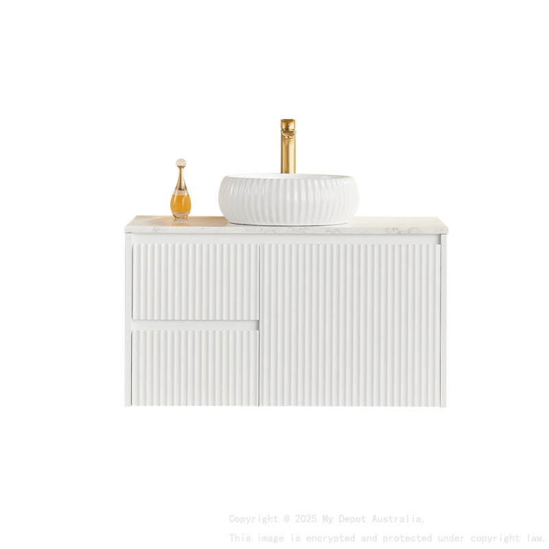 890x455x480mm Matte White Crete Modern Fluted Wall Hung Vanity PVC Cabinet Left Hand Drawers