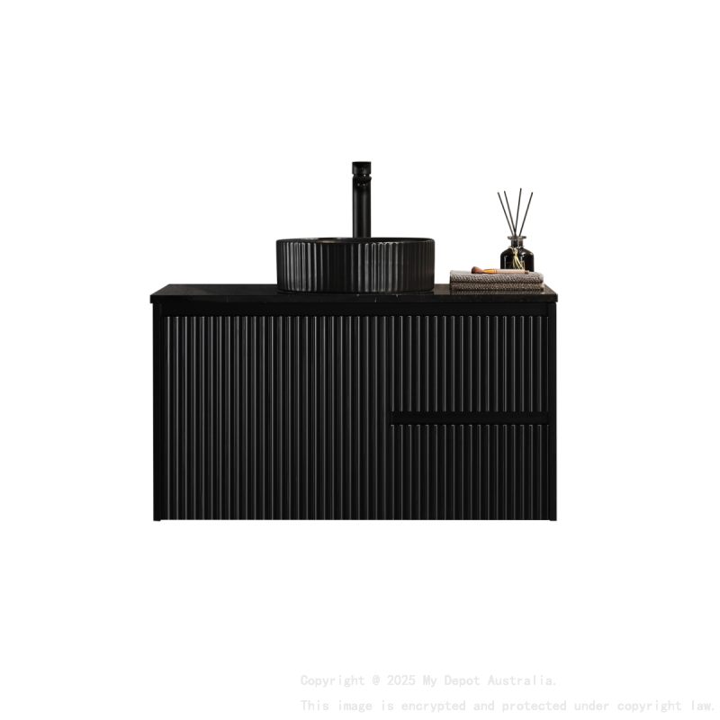 890X455X480mm Matte Black Crete Modern Fluted Wall Hung Vanity PVC Cabinet Right Hand Drawers