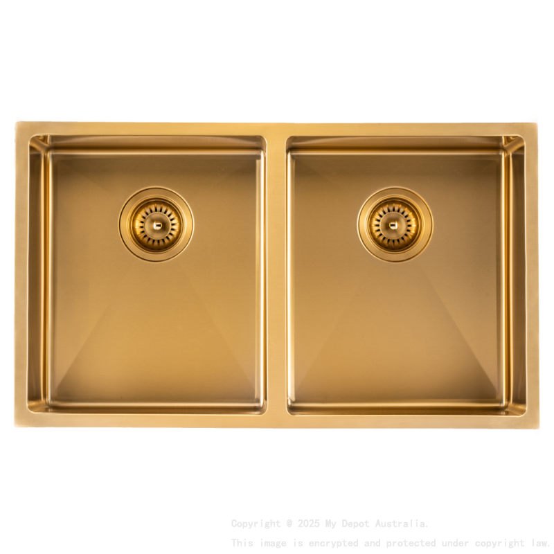 304 Stainless Steel Brushed Gold PVD Coating Double Bowl Kitchen Sink(Round Edges,with Bottom Tray)770*450*215mm