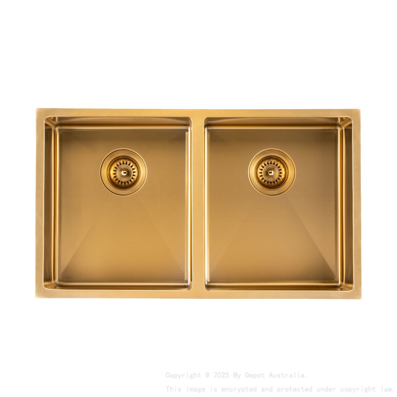 304 Stainless Steel Brushed Gold PVD Coating Double Bowl Kitchen Sink(Round Edges,with Bottom Tray)820*457*230mm