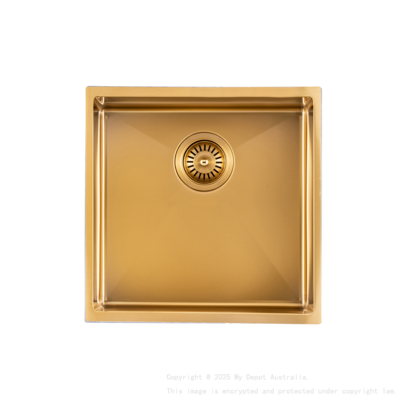 304 Stainless Steel Brushed Gold PVD Coating Single Bowl Kitchen Sink(Round Edges,with Bottom Tray)440*440*205mm