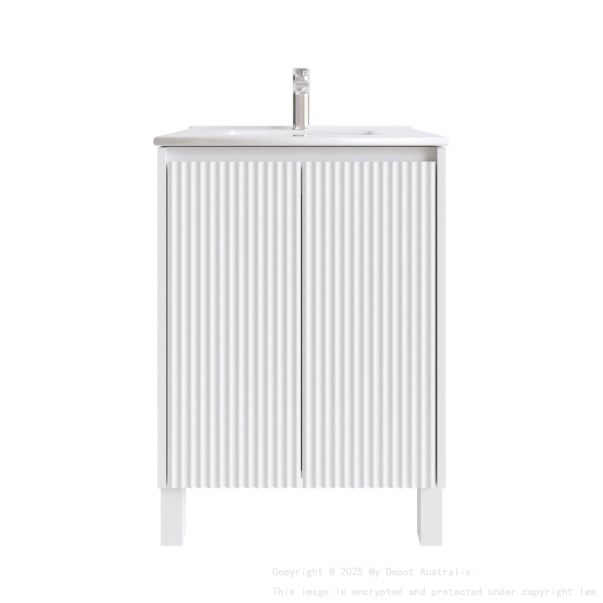 600mm Brio Matte White 2PAC Coating PVC Freestanding Elegant Wave-Like Fluted Design Bathroom Vanity Cabinet Only