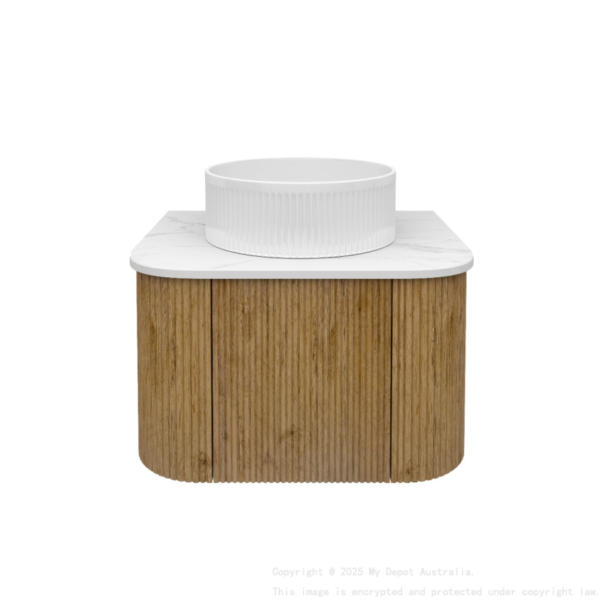 Kiama 600mm Prime Oak 1 Door Curved Wall Hung Fluted Bathroom Vanity