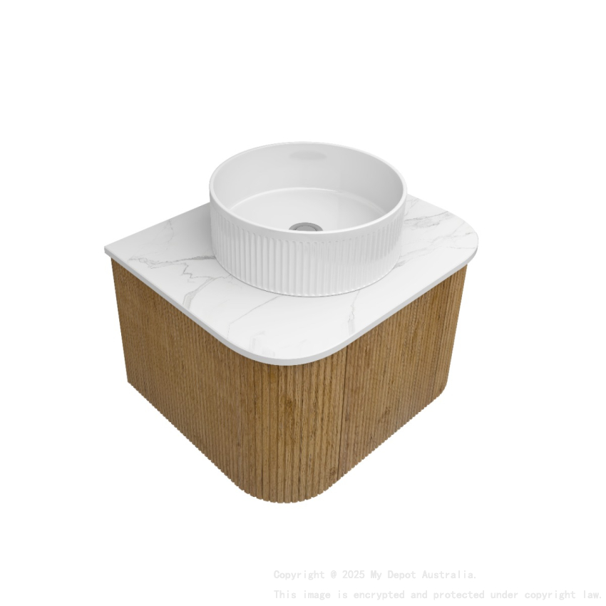 Kiama 600mm Prime Oak 1 Door Curved Wall Hung Fluted Bathroom Vanity