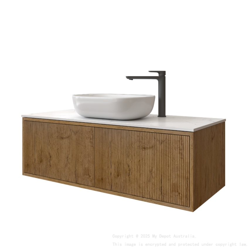 1200mm Kiama Prime Oak 1 Left Hand Drawer 1 Right Hand Door Narrow Fluted Wall Hung Vanity Cabinet Only