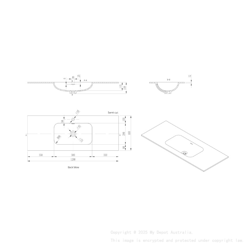 1205X465X145 Matte Black Chasey Solid Surface Stone Basin