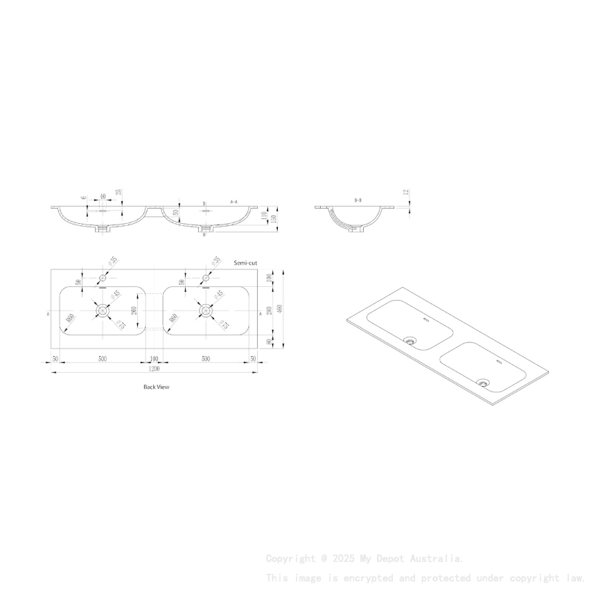 1205X465X145 Matte Black Chasey Solid Surface Stone Basin Double Bowl