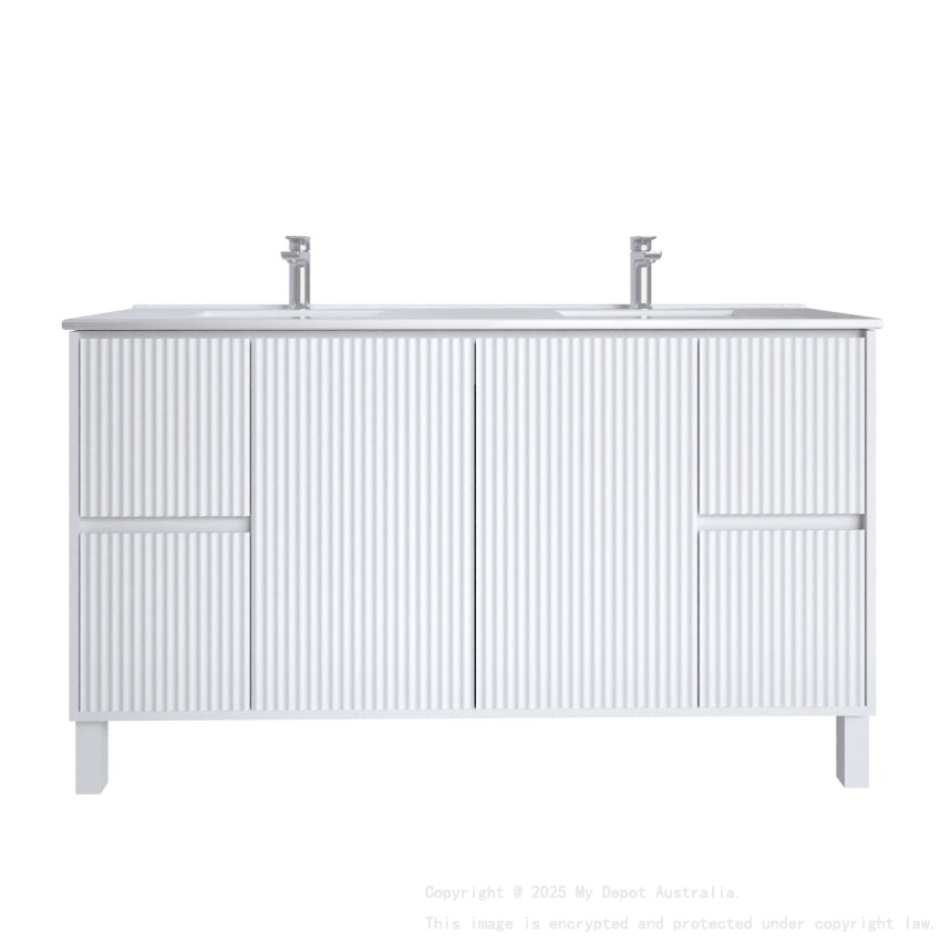 1500mm Brio Matte White 2PAC Coating PVC Freestanding Elegant Wave-Like Fluted Design Bathroom Vanity Cabinet Only