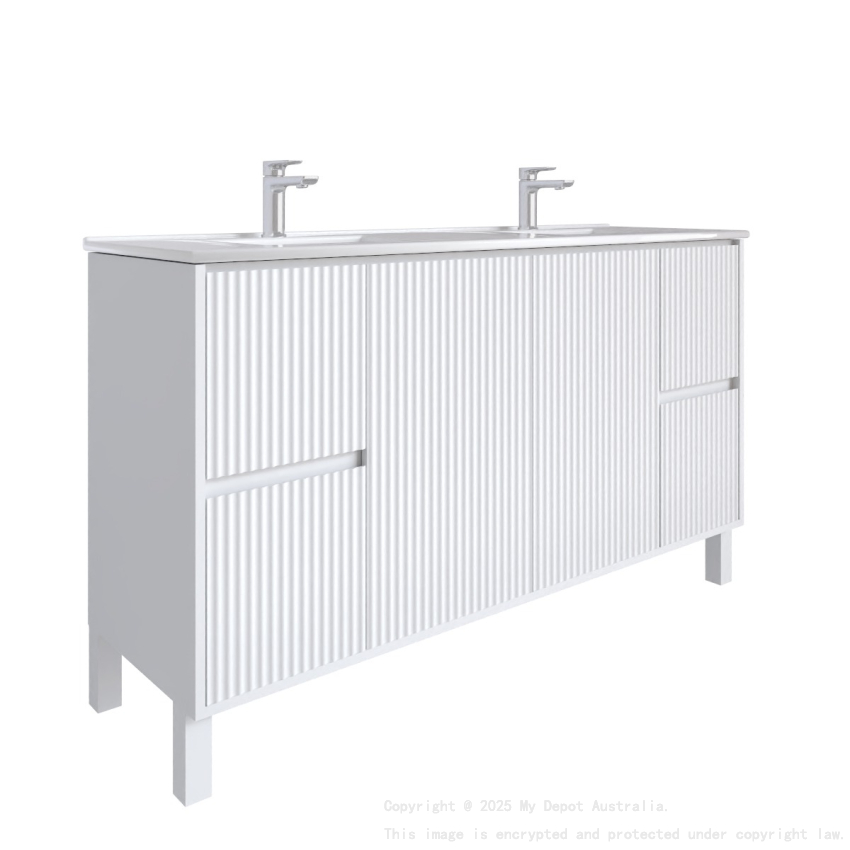 1500mm Brio Matte White 2PAC Coating PVC Freestanding Elegant Wave-Like Fluted Design Bathroom Vanity Cabinet Only