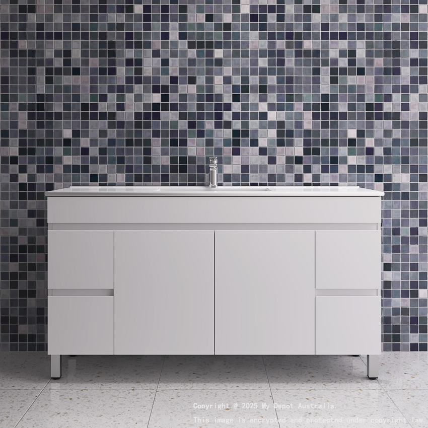 1500MM Gloss White MDF Bathroom Vanity 4 Side Drawers 2 Middle Doors Free standing Cabinet Only