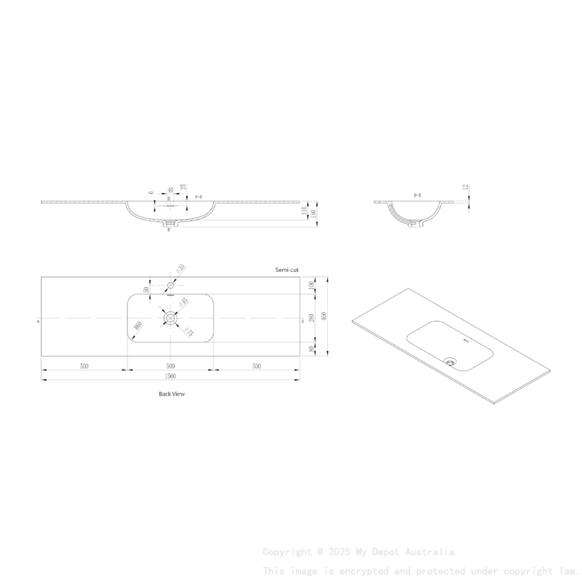 1505X465X145 Matte White Chasey Solid Surface Stone Basin