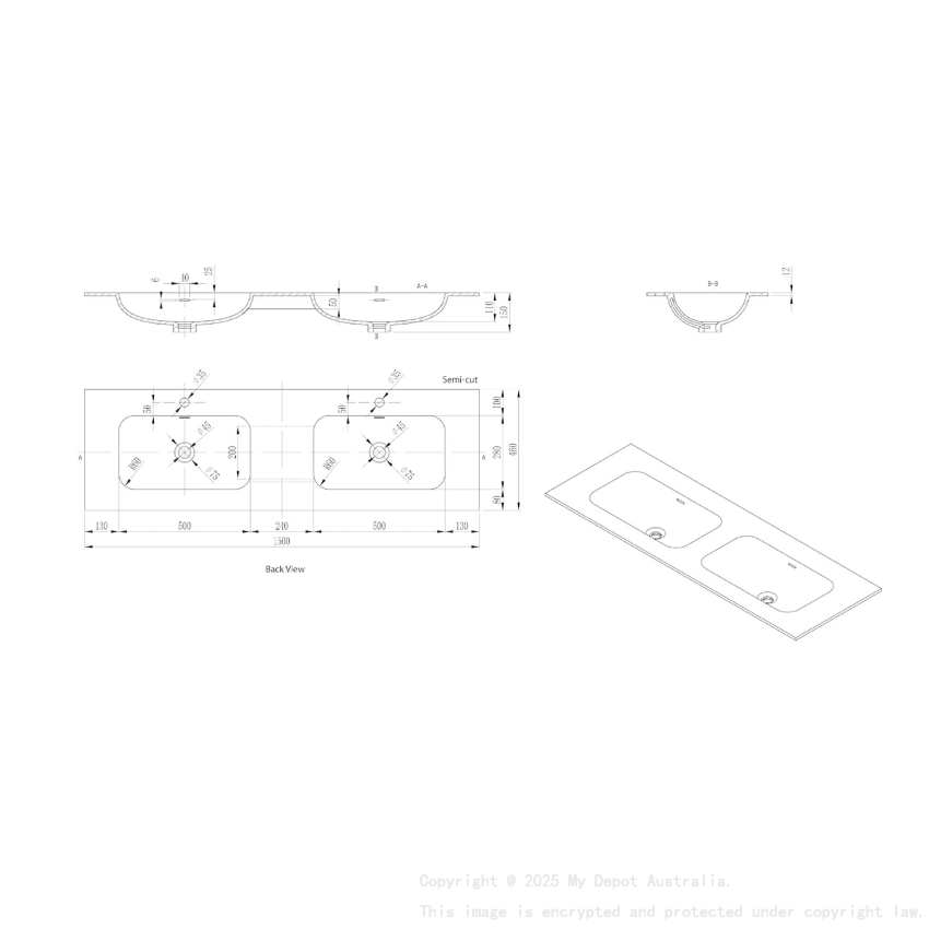 1505X465X145 Matte White Chasey Solid Surface Stone Basin Double Bowl