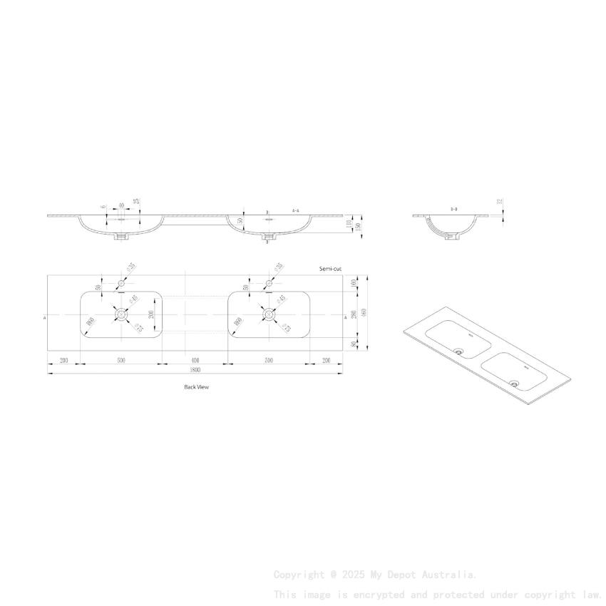1805X465X145 Gloss White Chasey Solid Surface Stone Basin Double Bowl