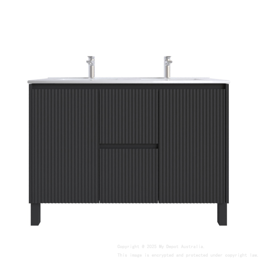 1200mm Brio Matte Black 2PAC Coating PVC Freestanding Elegant Wave-Like Fluted Design Bathroom Vanity Cabinet Only