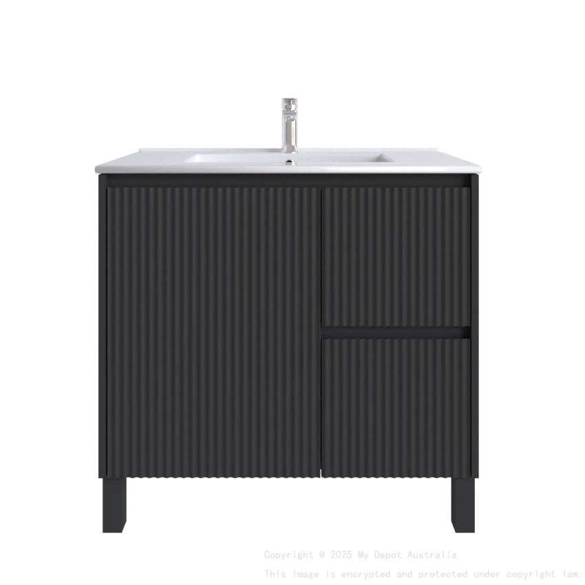 900mm Brio Matte Black 2PAC Coating PVC Freestanding Elegant Wave-Like Fluted Design Bathroom Vanity Cabinet Only
