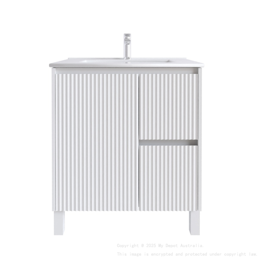 750mm Brio Matte White 2PAC Coating PVC Freestanding Elegant Wave-Like Fluted Design Bathroom Vanity Cabinet Only