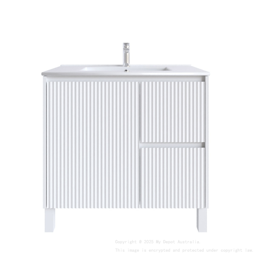 900mm Brio Matte White 2PAC Coating PVC Freestanding Elegant Wave-Like Fluted Design Bathroom Vanity Cabinet Only