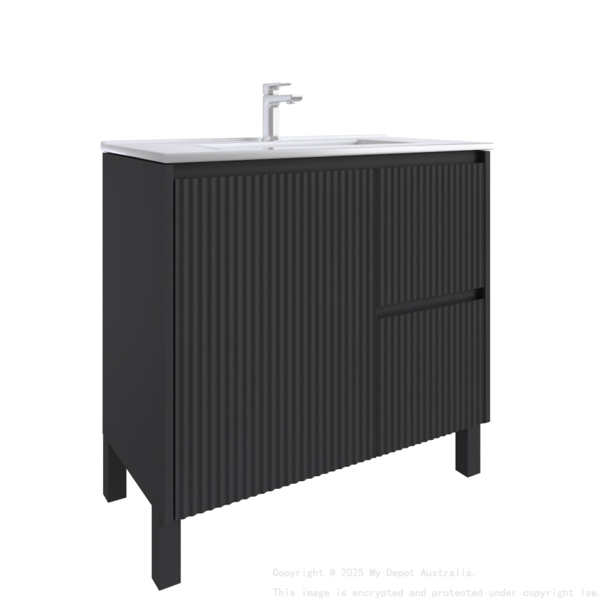 900mm Brio Matte Black 2PAC Coating PVC Freestanding Elegant Wave-Like Fluted Design Bathroom Vanity Cabinet Only