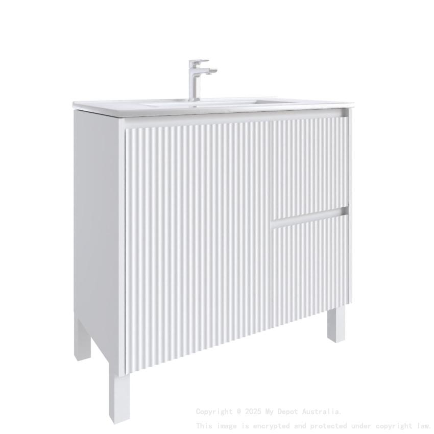 900mm Brio Matte White 2PAC Coating PVC Freestanding Elegant Wave-Like Fluted Design Bathroom Vanity Cabinet Only