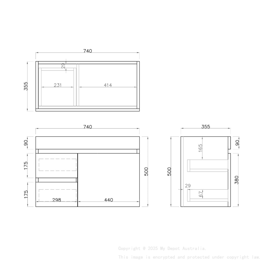 750mm Narrow Dark Grey MDF Bathroom Floating Vanity Left Drawers Wall Hung Cabinet Only