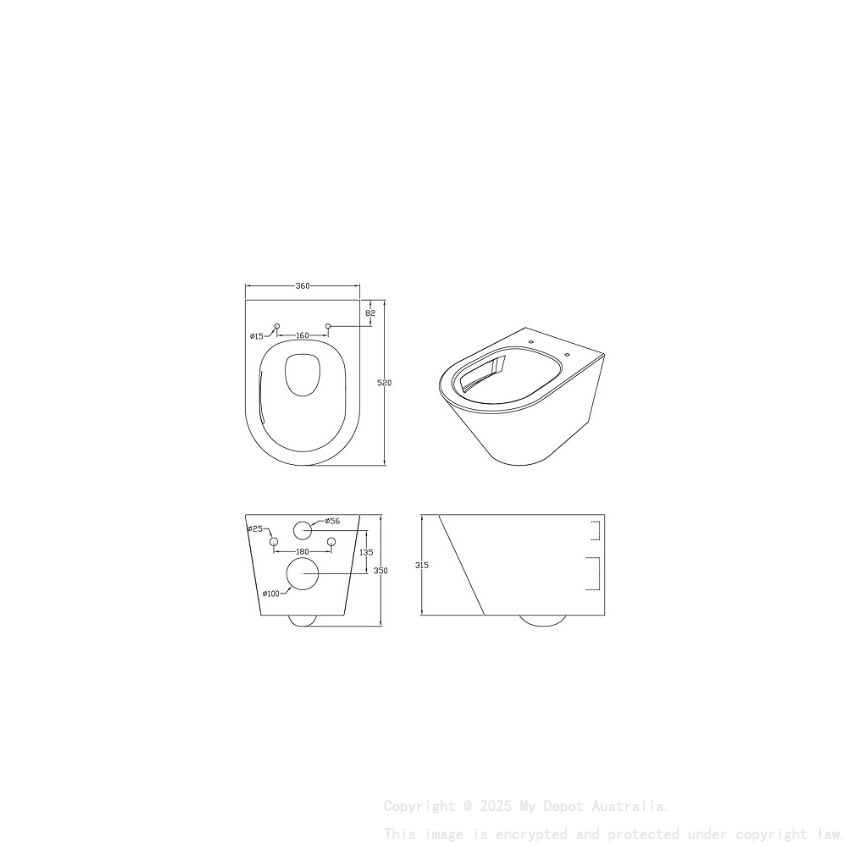 520*360*350mm Matte White Agena Tonardo Rimless Flush Wall Hung Pan