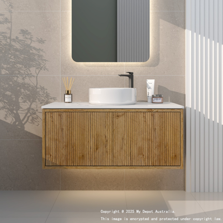 900mm Kiama Prime Oak 1 Right Hand Drawer 1 Left Hand Door Fluted Wall Hung Vanity Cabinet Only