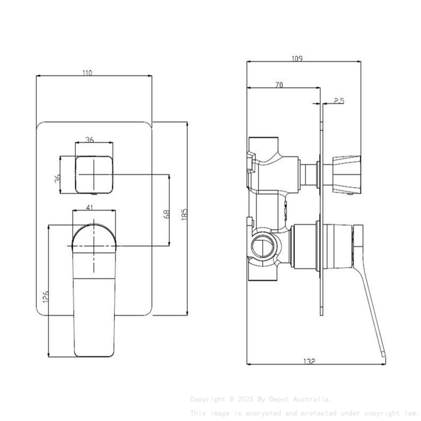 Square Brushed Nickel Grey Wall Mixer With Diverter