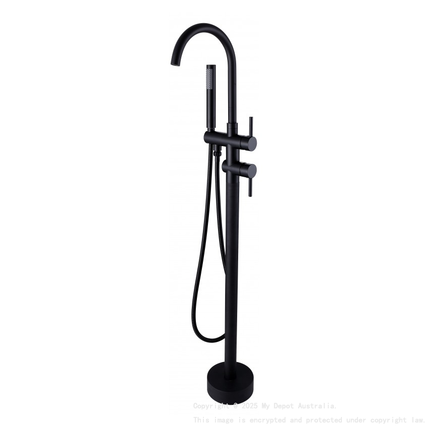 Black Round Freestanding Bath Mixer With Handheld Shower