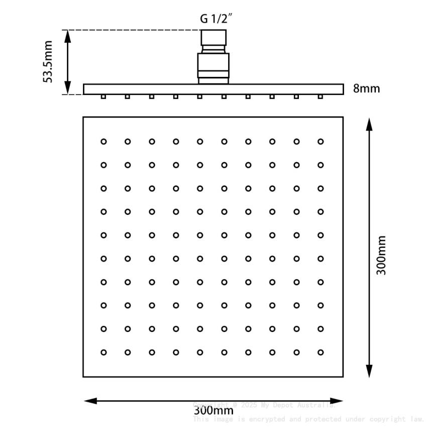 Square Black Brass Rainfall Shower Head 300mm