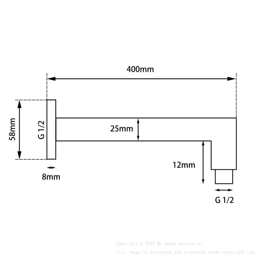 Square Chrome Brass Wall Mounted Shower Arm 400mm